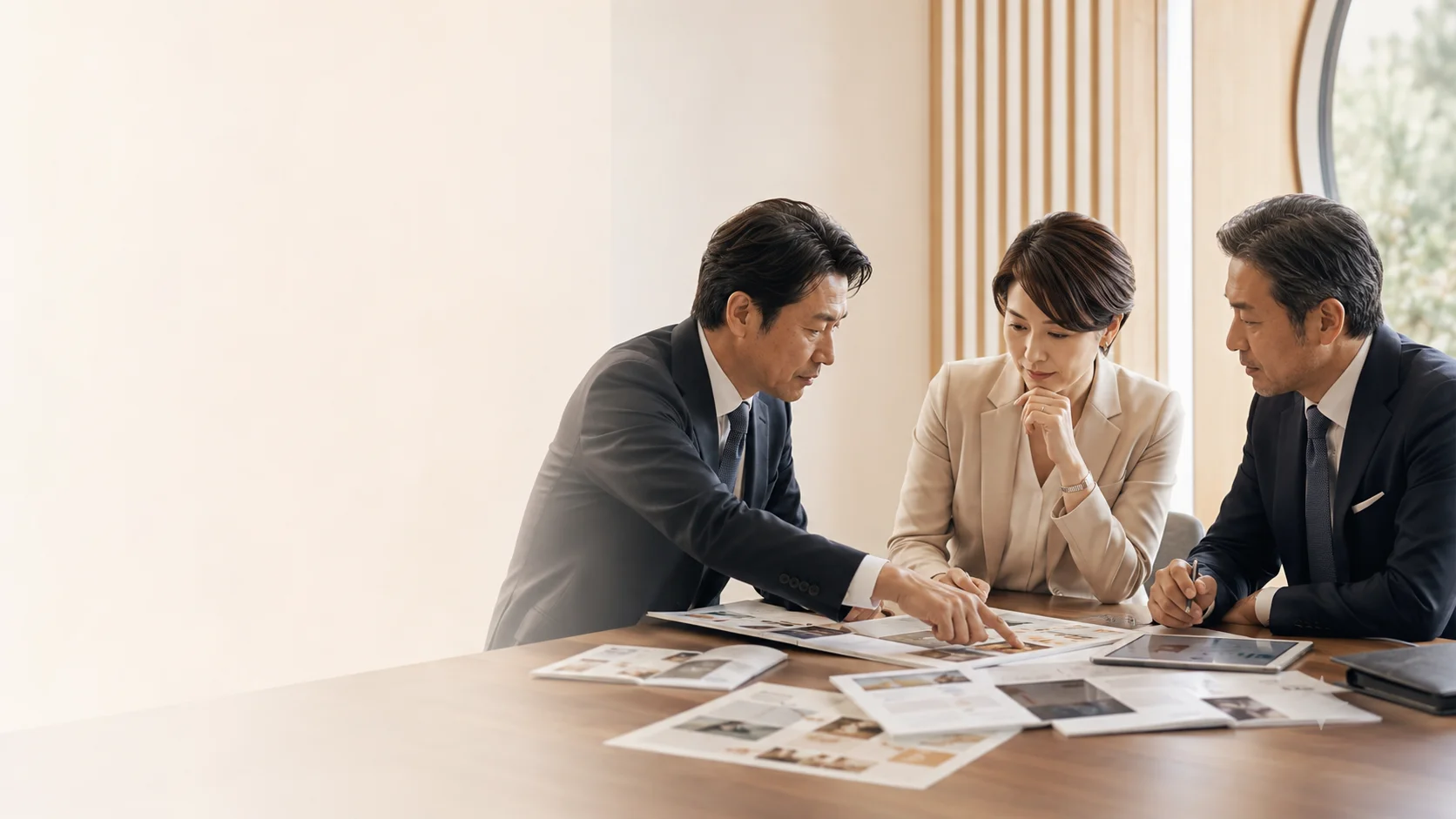 Japanese executives examining and discussing a business offer during a structured meeting.